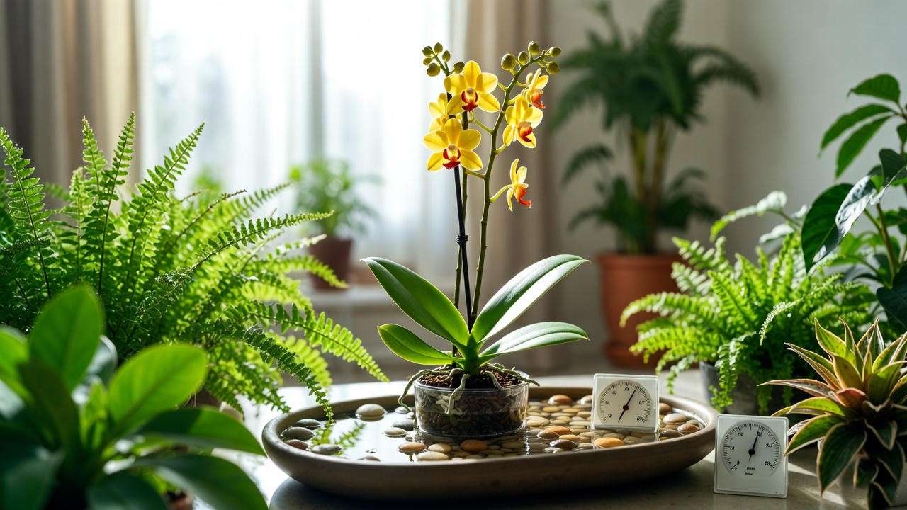 Yellow orchid plant on a pebble tray with hygrometer, showcasing humidity setup for yellow orchid plant care.