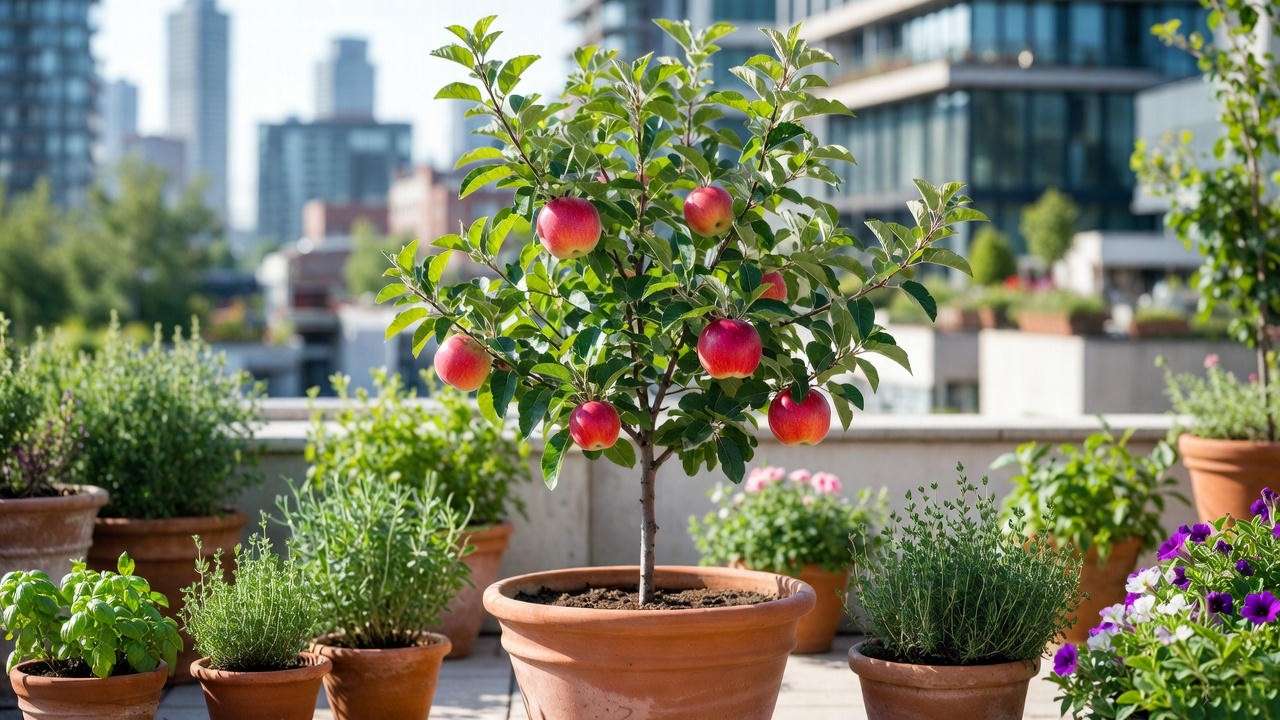 Dwarf self-pollinating apple tree in a terracotta pot on an urban patio, showcasing space-saving fruit tree gardening.