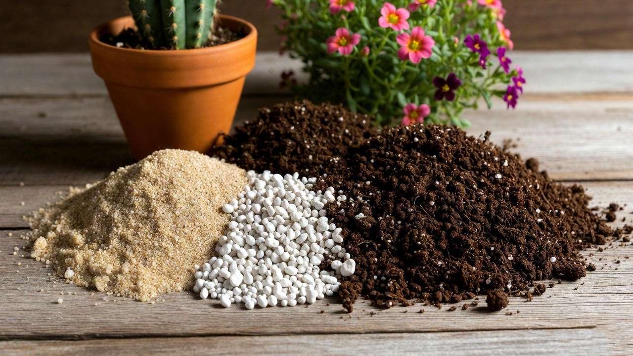 Close-up of a DIY cactus soil mix with sand, perlite, and potting soil for a cactus flowering plant.

