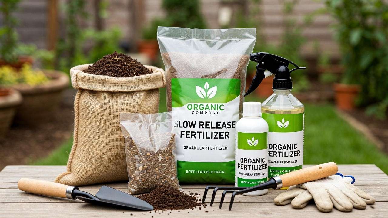 “Different fertilizer types suitable for maple trees on a garden table.”
