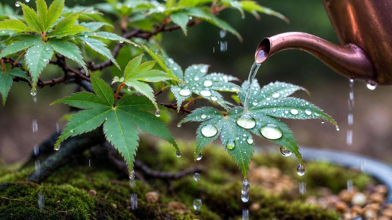 Watering a Japanese green maple bonsai tree with rainwater, showing droplets on green leaves and akadama soil in a ceramic pot.
