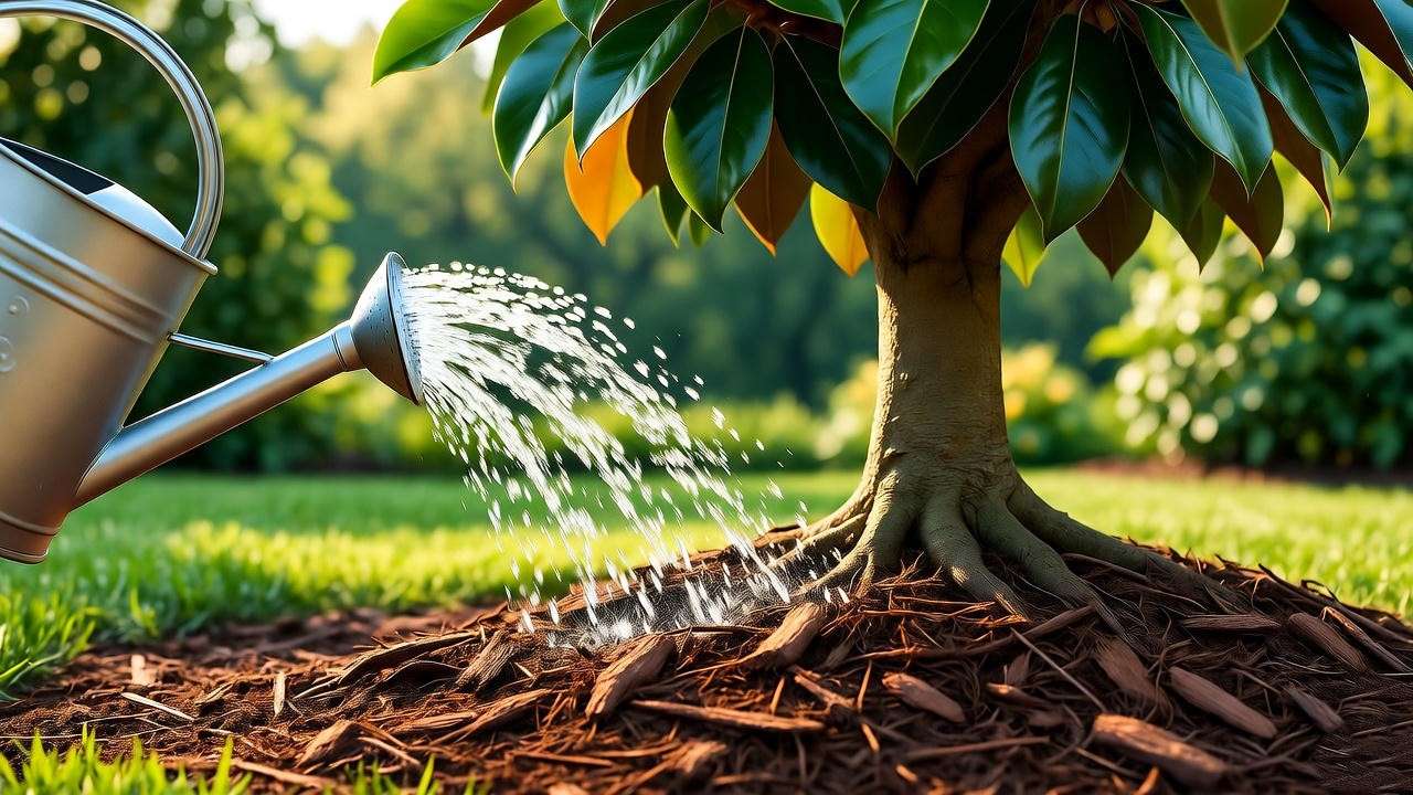 Mulched base of a magnolia planten being watered, showcasing proper care techniques in a vibrant garden setting.