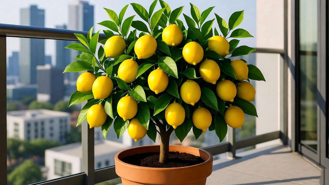 Dwarf Meyer lemon tree in terracotta pot on sunny apartment balcony with city skyline 