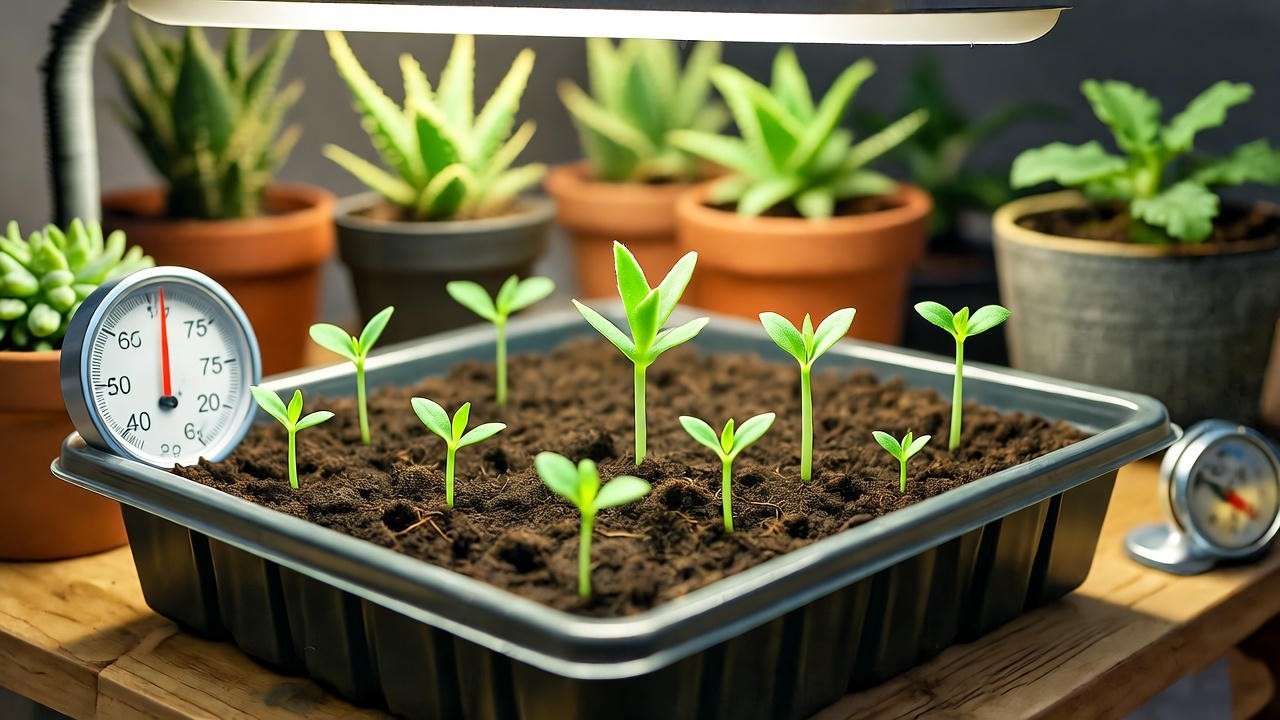 Aloe plant seedlings sprouting in a seed tray under grow lights, showcasing ideal germination conditions.