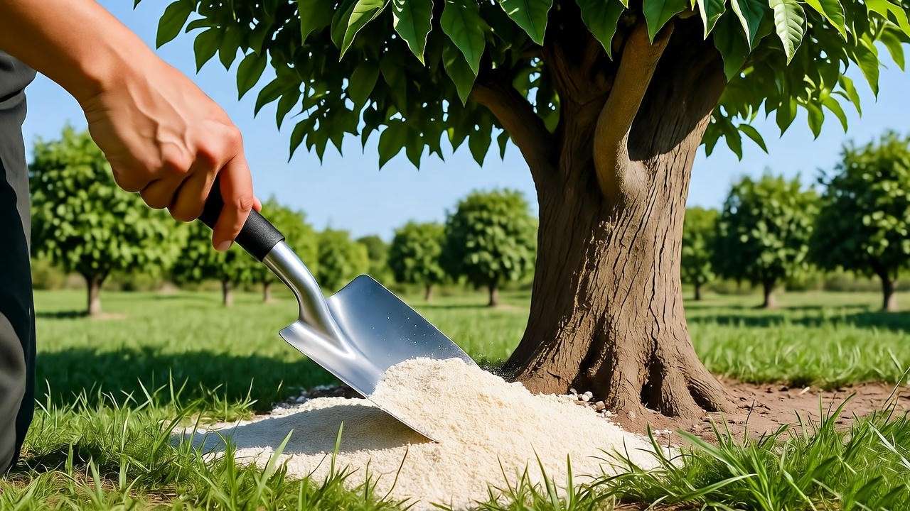 Gardener applying granular citrus fruit tree fertilizer around an orange tree’s drip line in a sunny orchard.