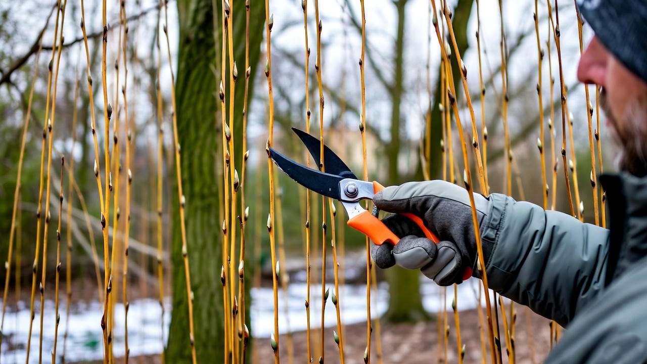 Gardener pruning a weeping willow tree in late winter, using clean shears to shape and maintain tree health. 