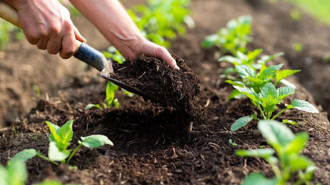 Gardener mixing planting compost into soil in a sunny garden bed, preparing for healthy plant growth with young plants in the background.