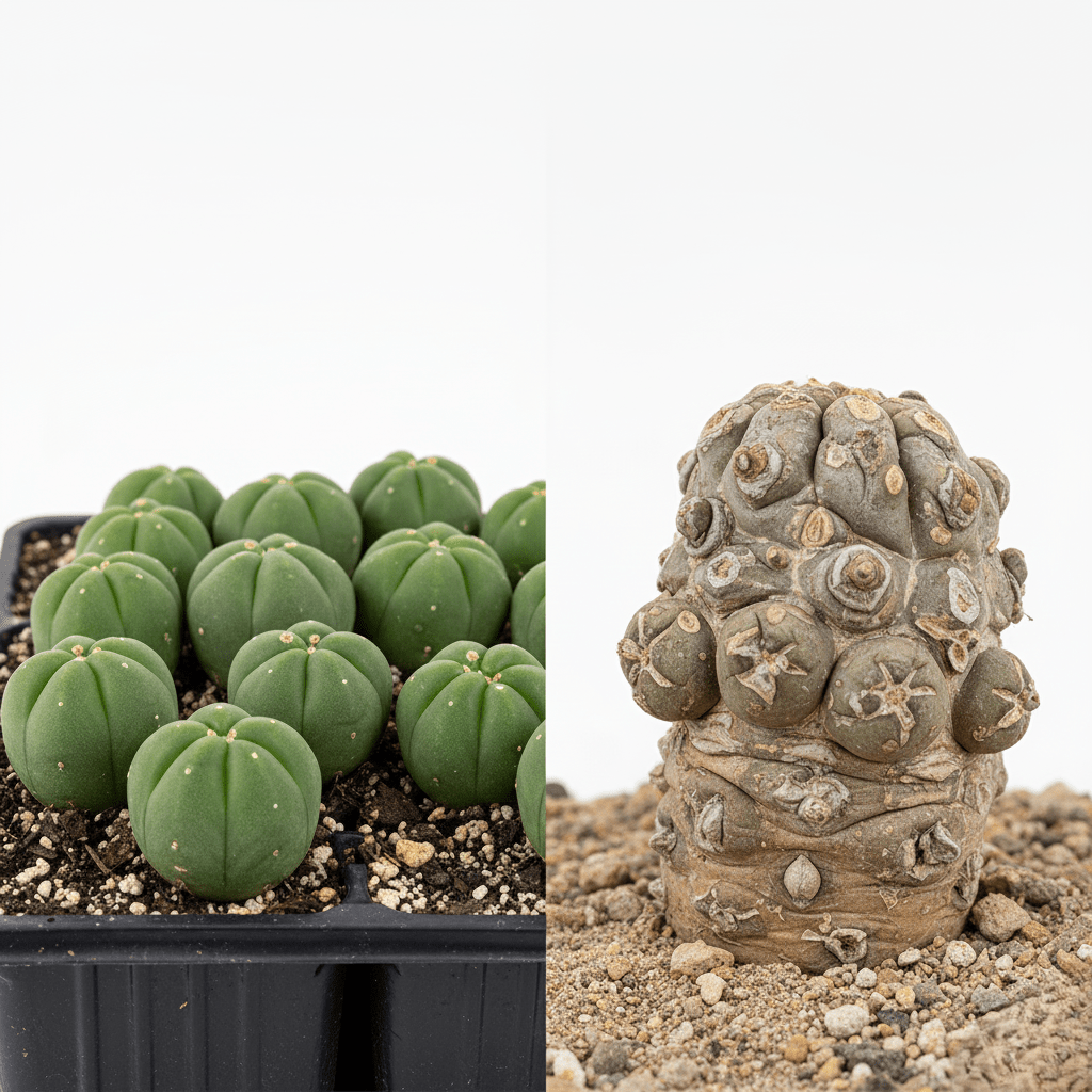 Comparison between ethically nursery-grown rare cactus plants and poorer quality wild-collected specimens, highlighting responsible sourcing.