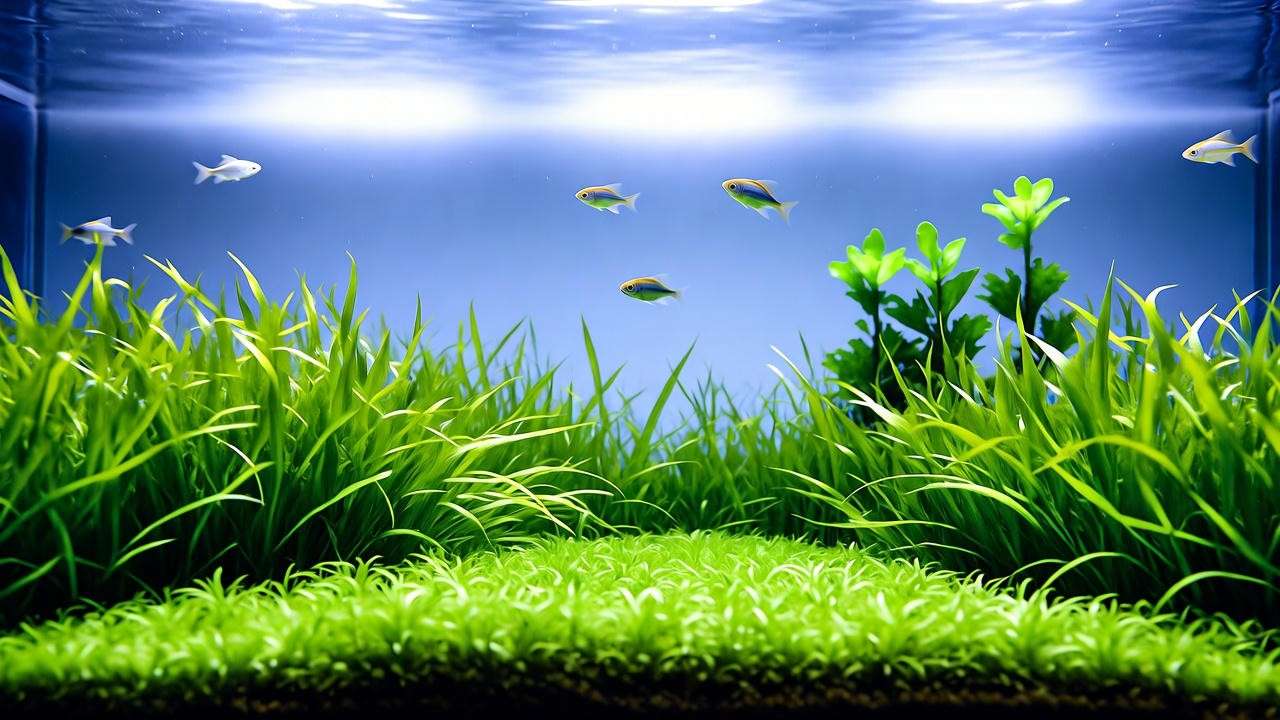 Vibrant underwater aquarium with a lush aquarium plant seeds-grown carpet of Dwarf Hairgrass under LED lighting.