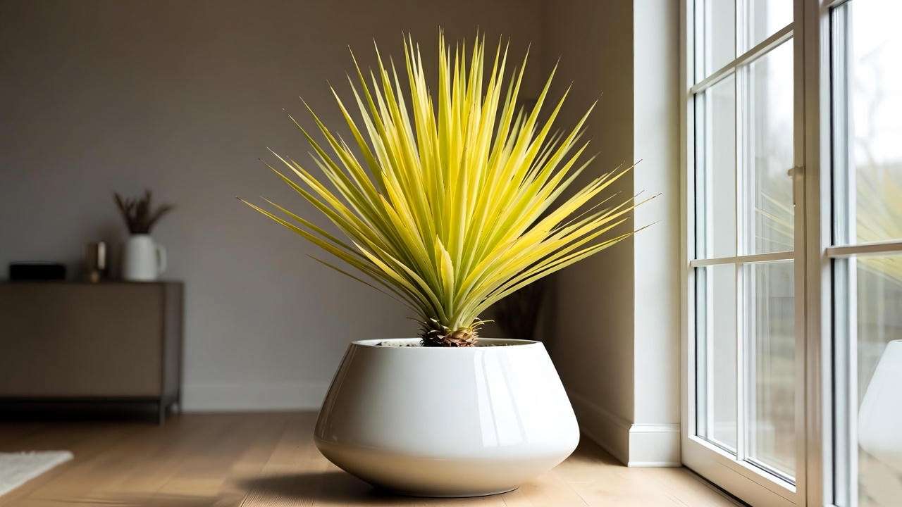 Yellow yucca plant in a white ceramic pot in a sunlit, modern indoor living space with minimalist decor.
