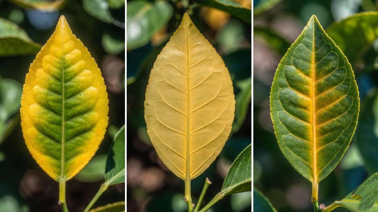  Citrus leaves showing magnesium, nitrogen, and iron nutrient deficiencies. 