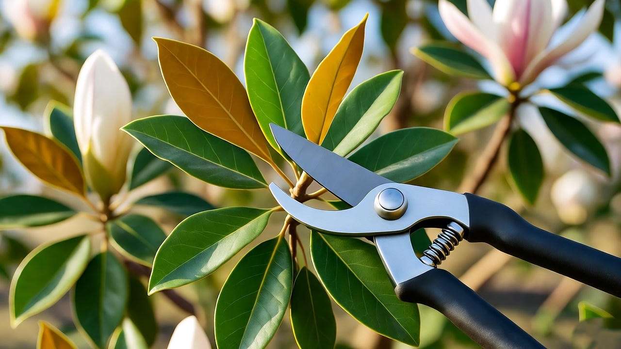 Pruning shears cutting a magnolia planten branch at a 45-degree angle, demonstrating proper pruning techniques in a garden.