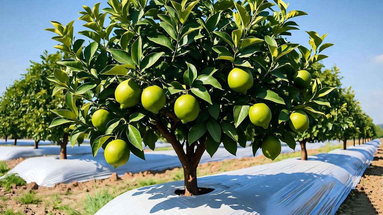 Lemon tree with reflective white mulch under canopy boosting fruit set