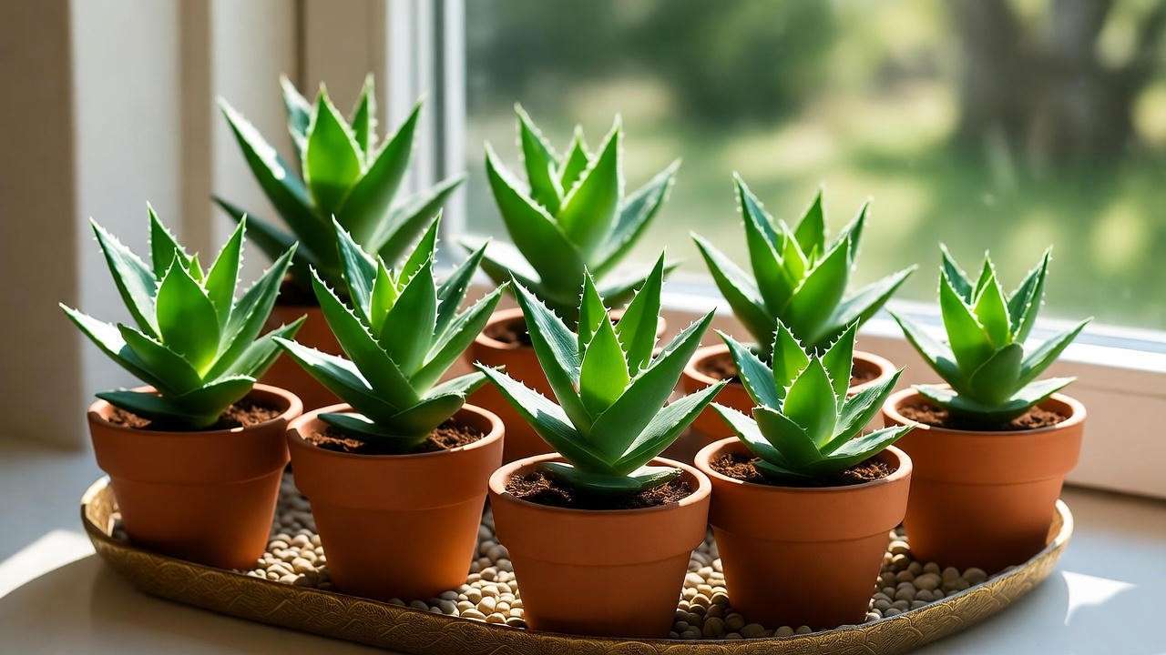 Young aloe plants in terracotta pots on a sunny windowsill, illustrating proper potting for healthy growth.