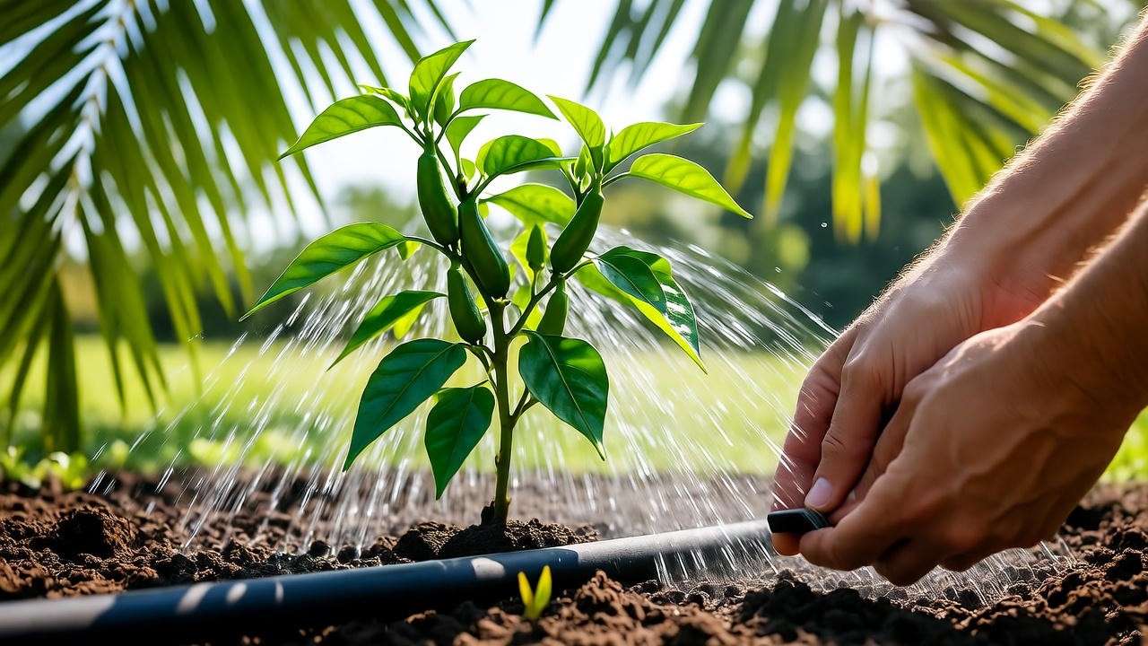 Drip irrigation watering a Hawaiian chili pepper plant in a sunny tropical garden.
