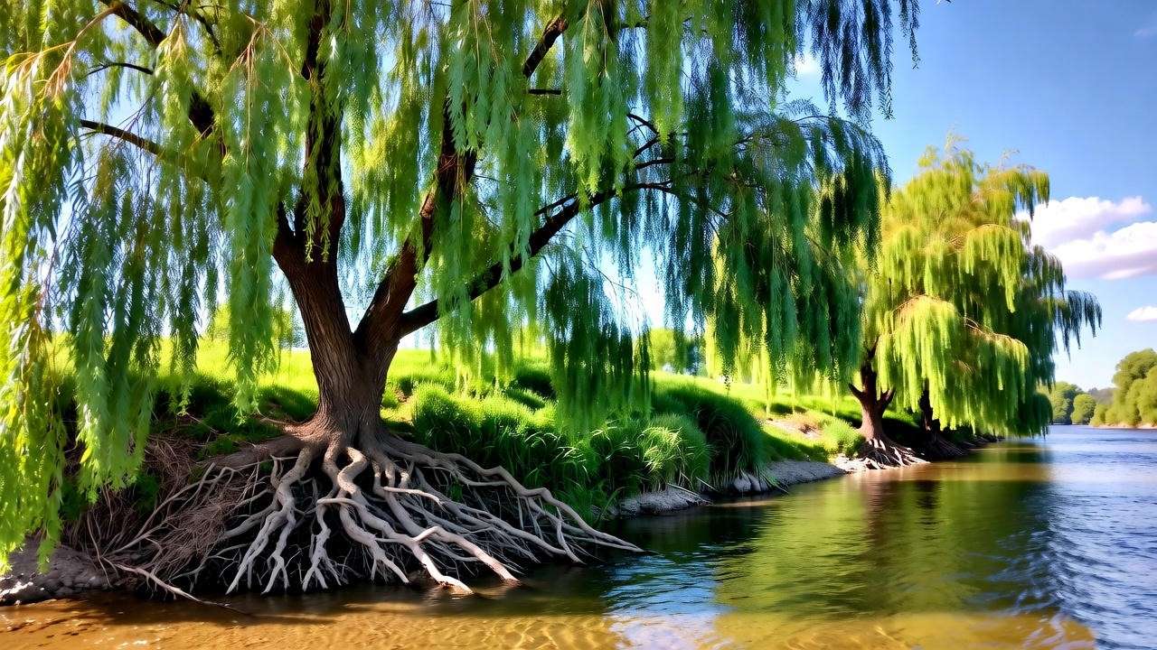  Willow trees with extensive roots stabilizing a riverbank, preventing soil erosion in a lush, natural landscape.