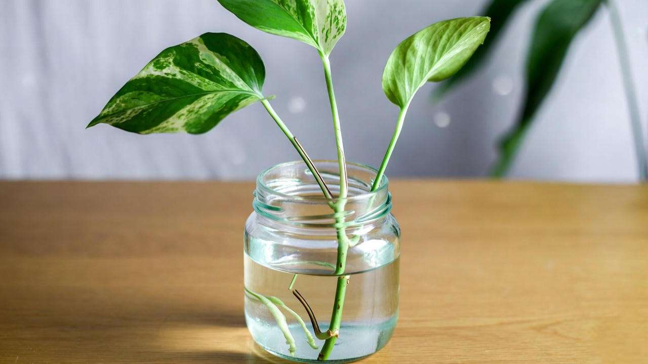 Pothos ‘Marble Queen’ stem cutting with roots in a glass jar, demonstrating propagation for green and white plants. 