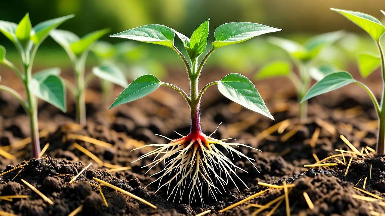 : "Transplanting red sunflower seedlings with mulch and compost"
