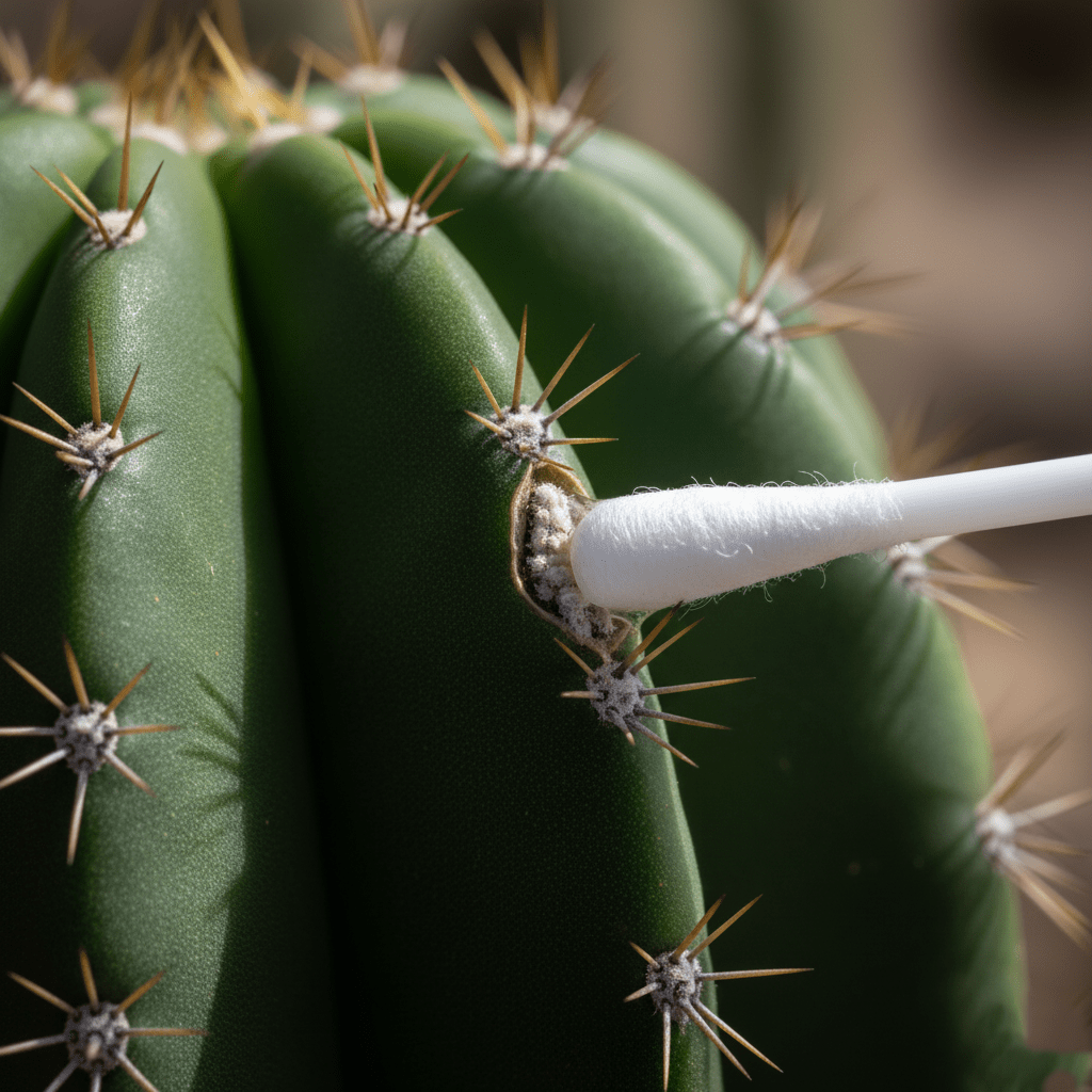 Close-up view of mealybugs infestation hidden deep within the ribs of a rare cactus, showing common pest issue.