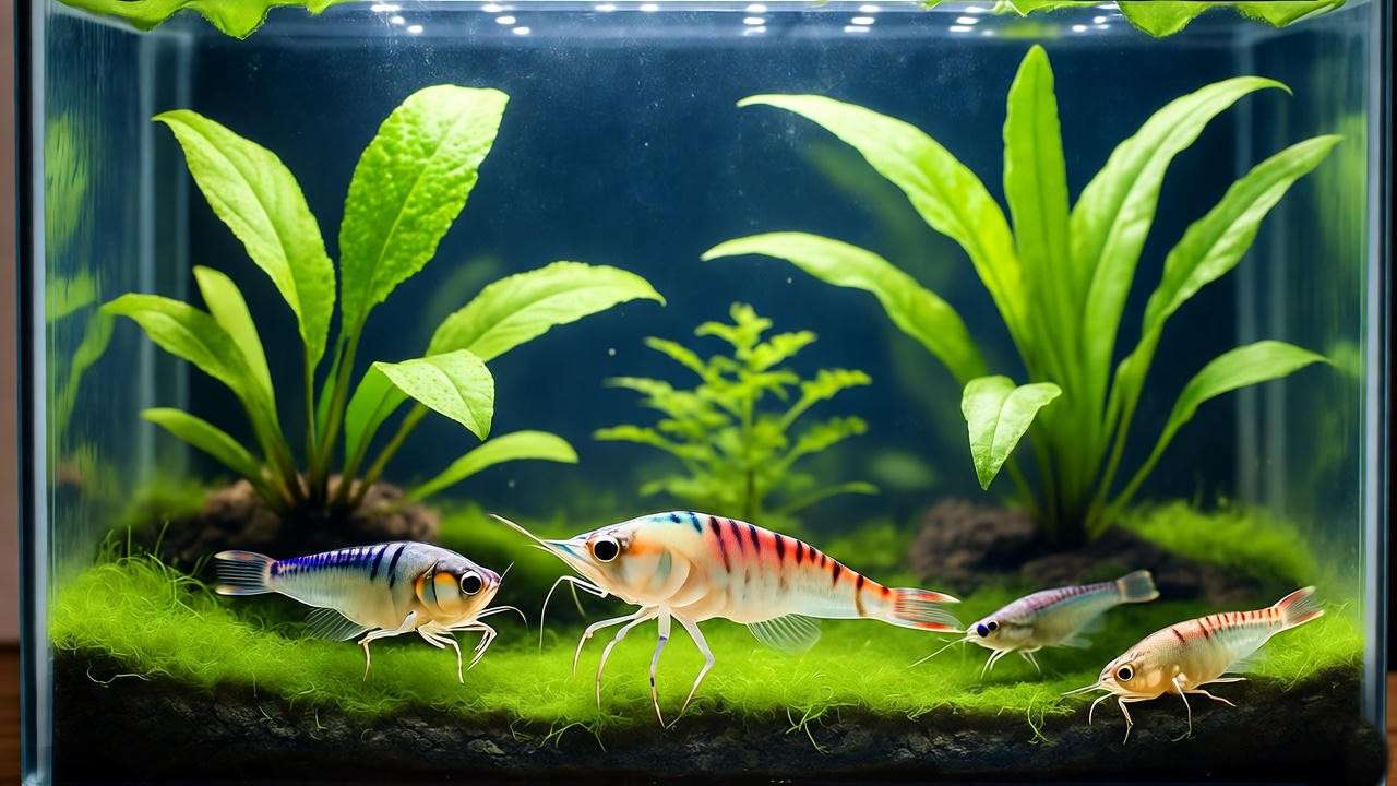 Aquarium with aquarium plant seeds-grown plants and green hair algae, featuring Amano shrimp for natural pest control.