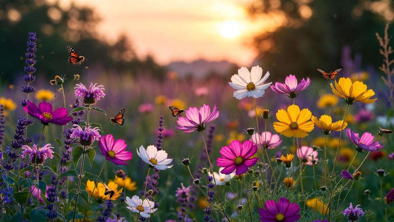 Pollinator garden with cosmos, lavender, and bee balm under a sunset sky, with butterflies and bees, showcasing sustainable gardening.