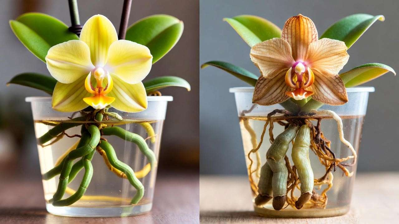 Healthy vs. unhealthy yellow orchid plant roots in clear pots, illustrating common issues in yellow orchid plant care.