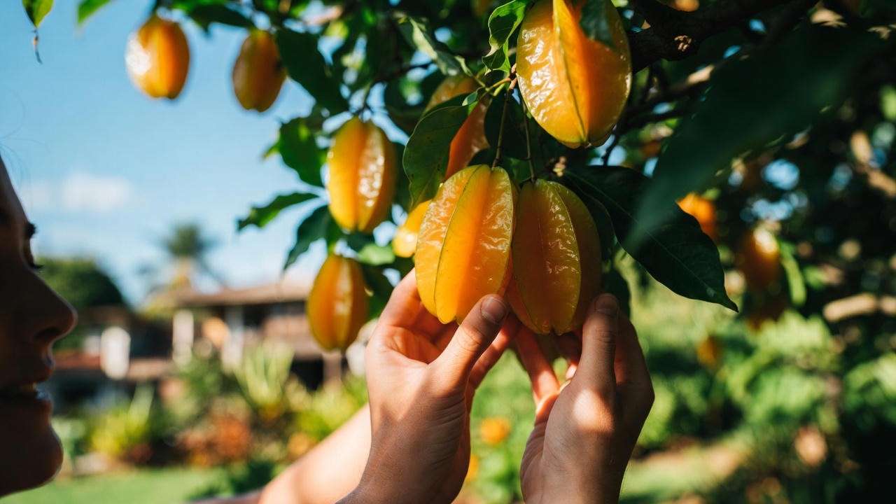 Gardener harvesting ripe yellow-orange star fruit from a tropical tree.
