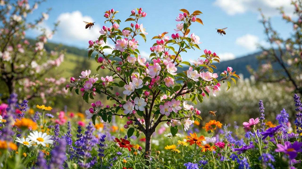 Self-pollinating fruit tree in bloom surrounded by pollinator-friendly flowers and bees, boosting fruit production in a sunny garden.