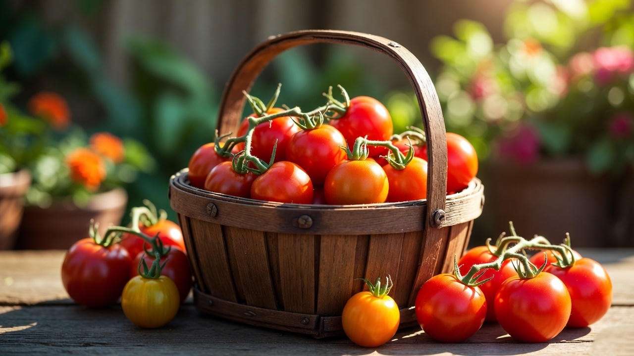 Basket of freshly harvested red and yellow grape tomatoes from a garden.
