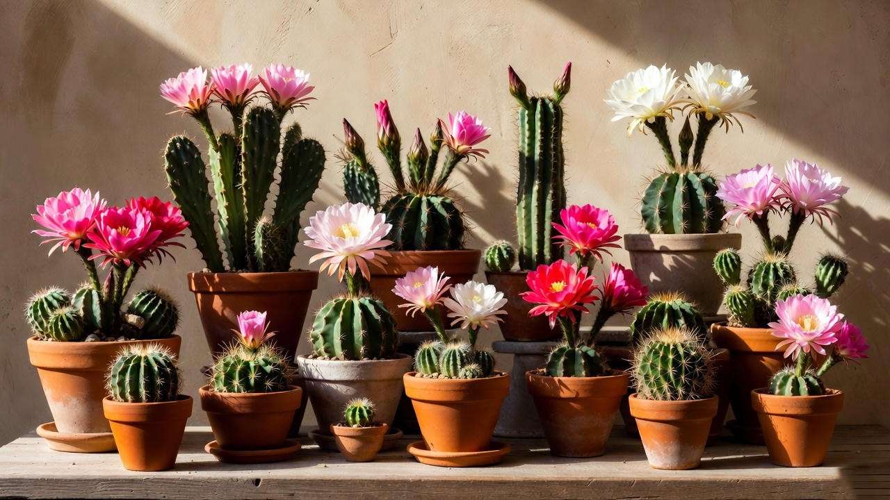 Collection of cactus flowering plants with vibrant pink, red, and white blooms in terracotta pots.
