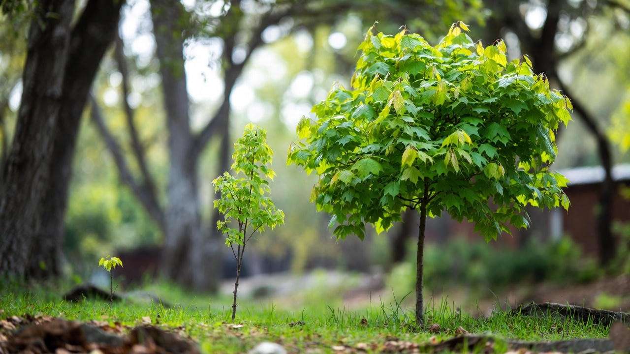Maple trees at different growth stages showing fertilizing needs.”
