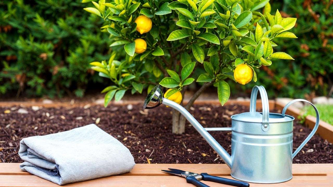 Seasonal citrus tree care supplies arranged beside a healthy lemon tree. 