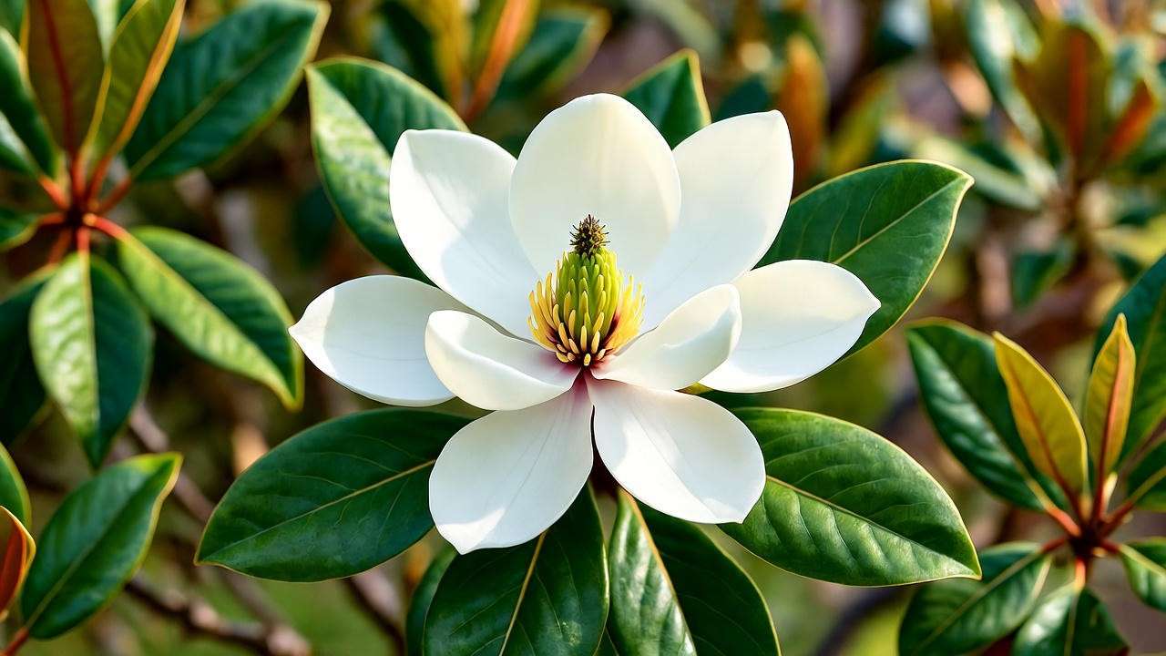 Vibrant magnolia planten in full bloom with large white flowers and glossy leaves, set against a sunny garden background.