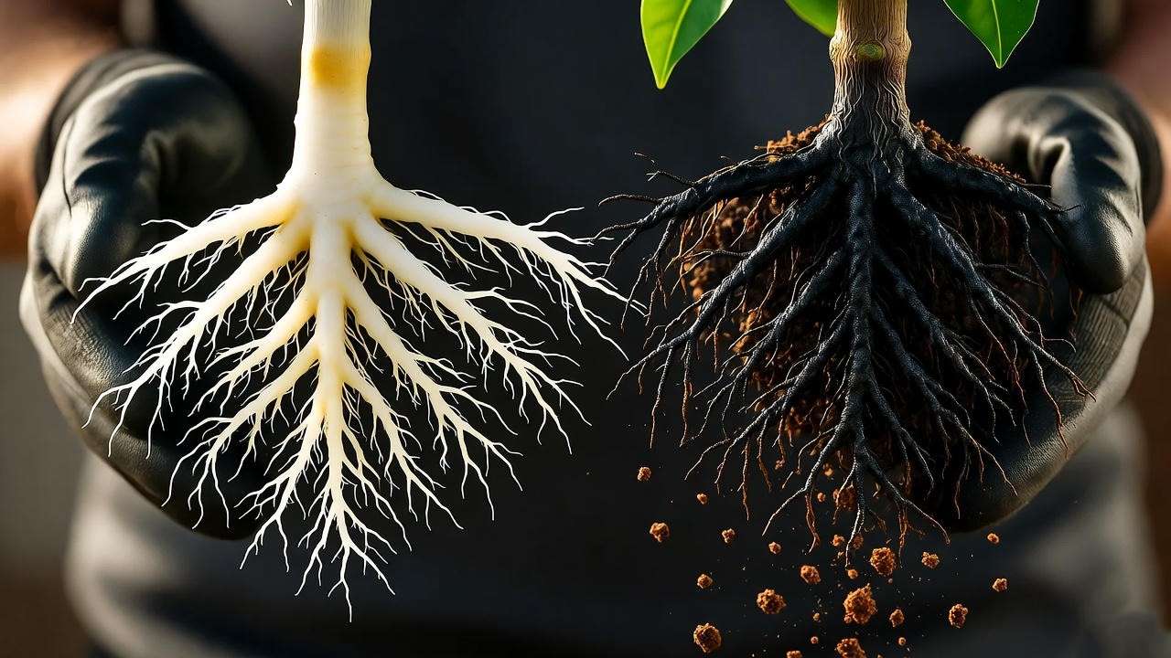Root rot in lemon tree showing black mushy roots during repotting 