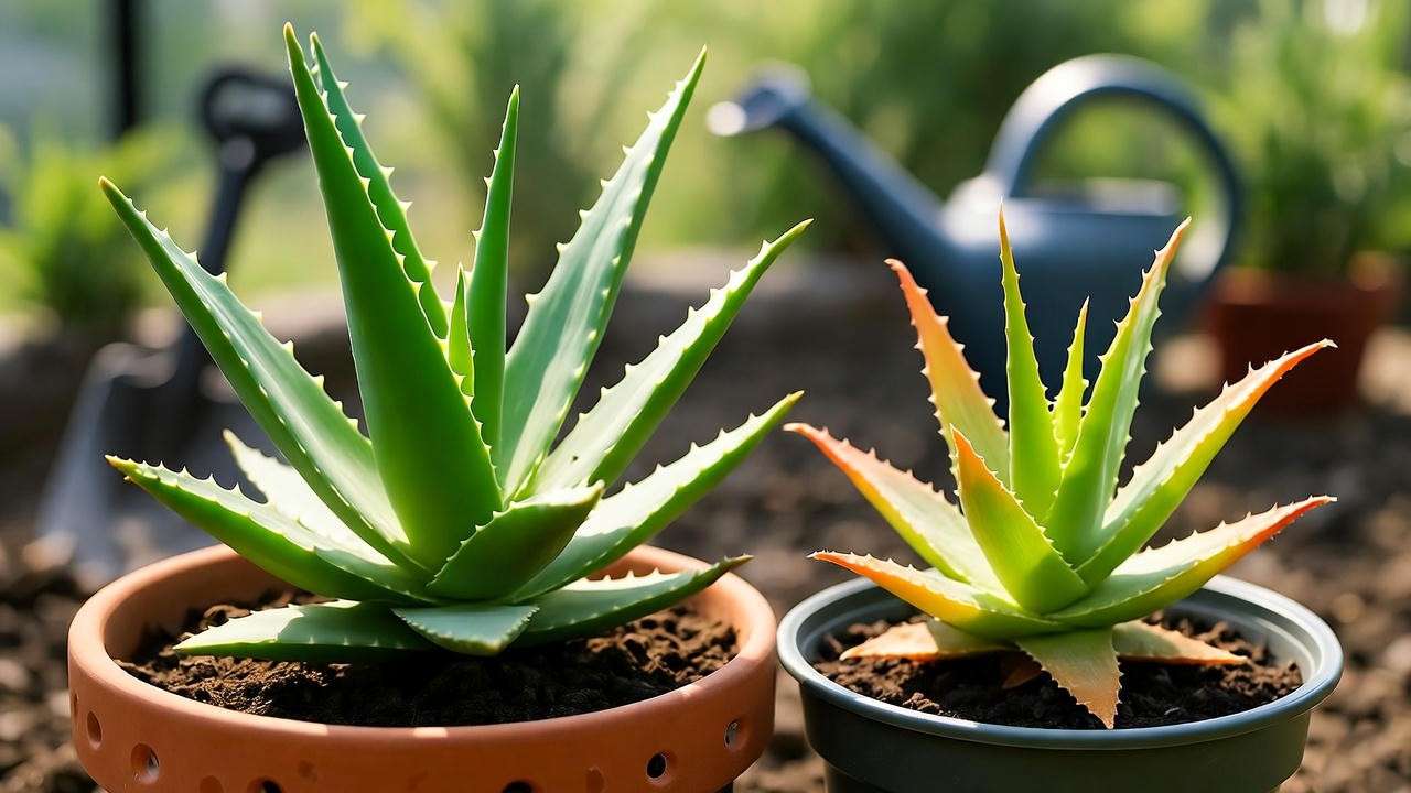 Healthy and struggling aloe seedlings in pots, showing common issues like overwatering for aloe plant seeds.