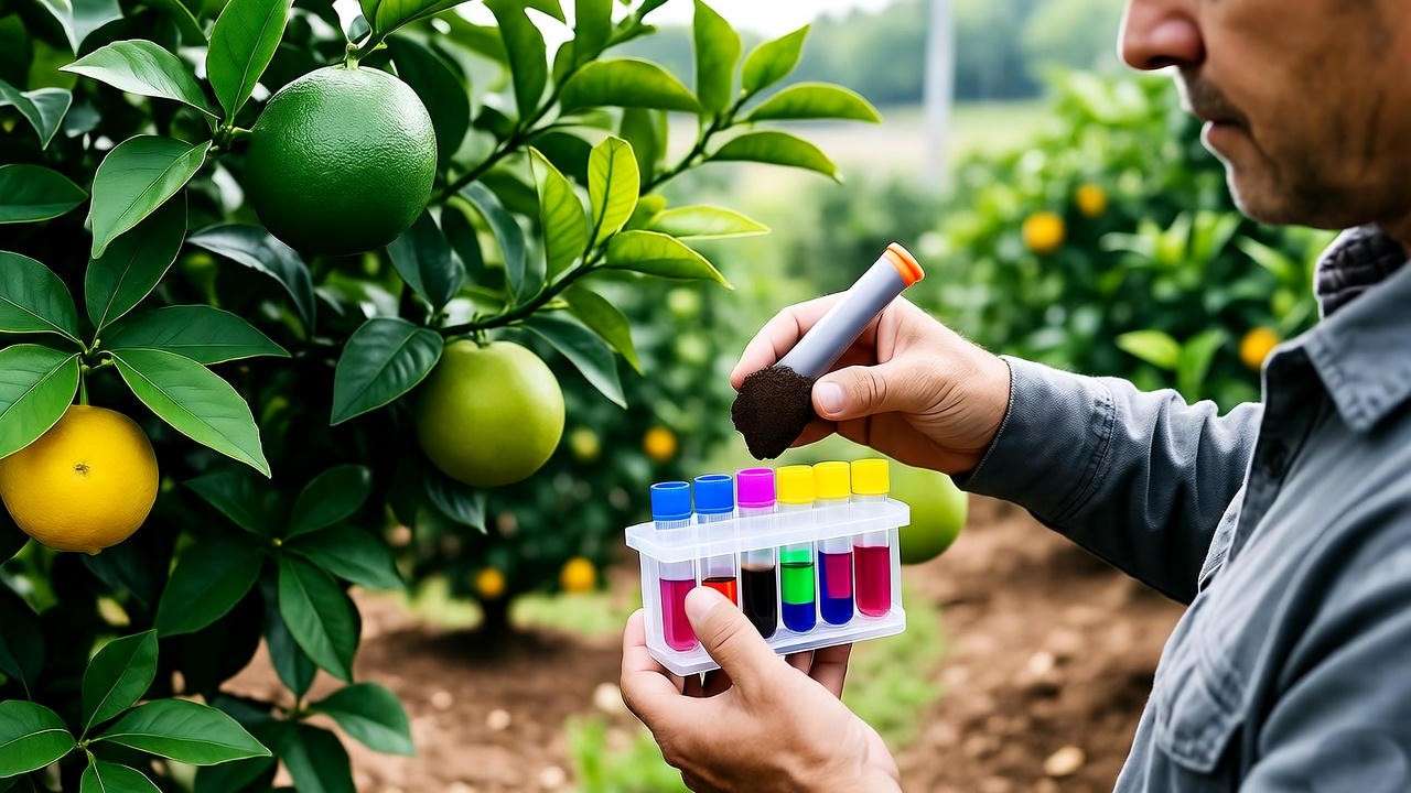 Gardener performing a soil test for citrus fruit tree fertilizer in an orchard with a healthy citrus tree.