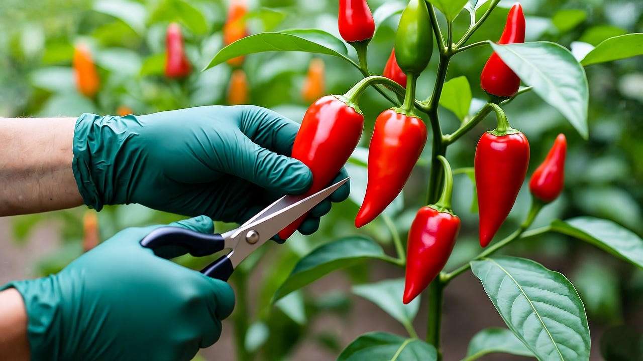 Gloved hands harvesting ripe Hawaiian chili peppers from a plant in a garden.