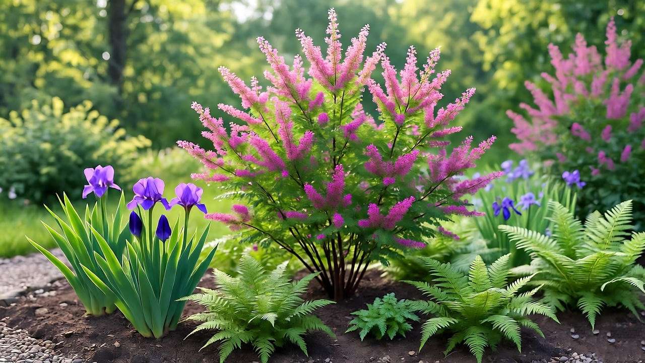 Dappled willow shrub with irises and ferns in a moist garden bed, showcasing companion planting in a vibrant landscape. 