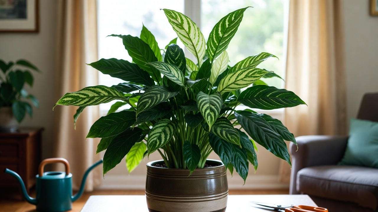 hriving Variegated Peace Lily with new growth in a pot, showcasing recovery tips for green and white plant care. 