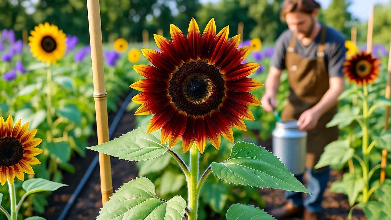 Red sunflower watering and fertilizing setup for vibrant blooms" 