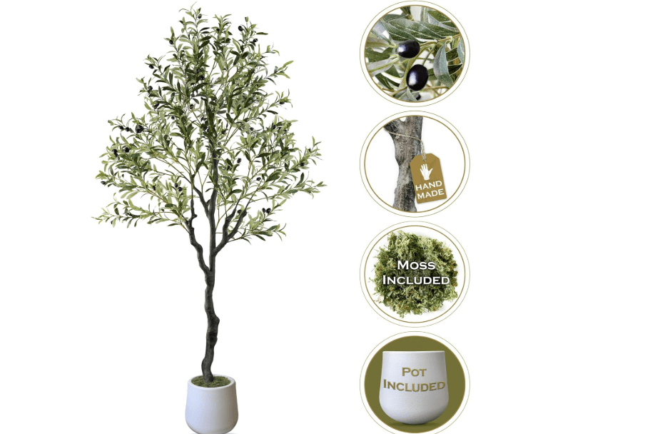 Handmade Faux Olive Tree 6FT, Fake Olive Tree with Pot Natural Looking Trunk Fruits, Olive Trees Artificial Indoor Outdoor