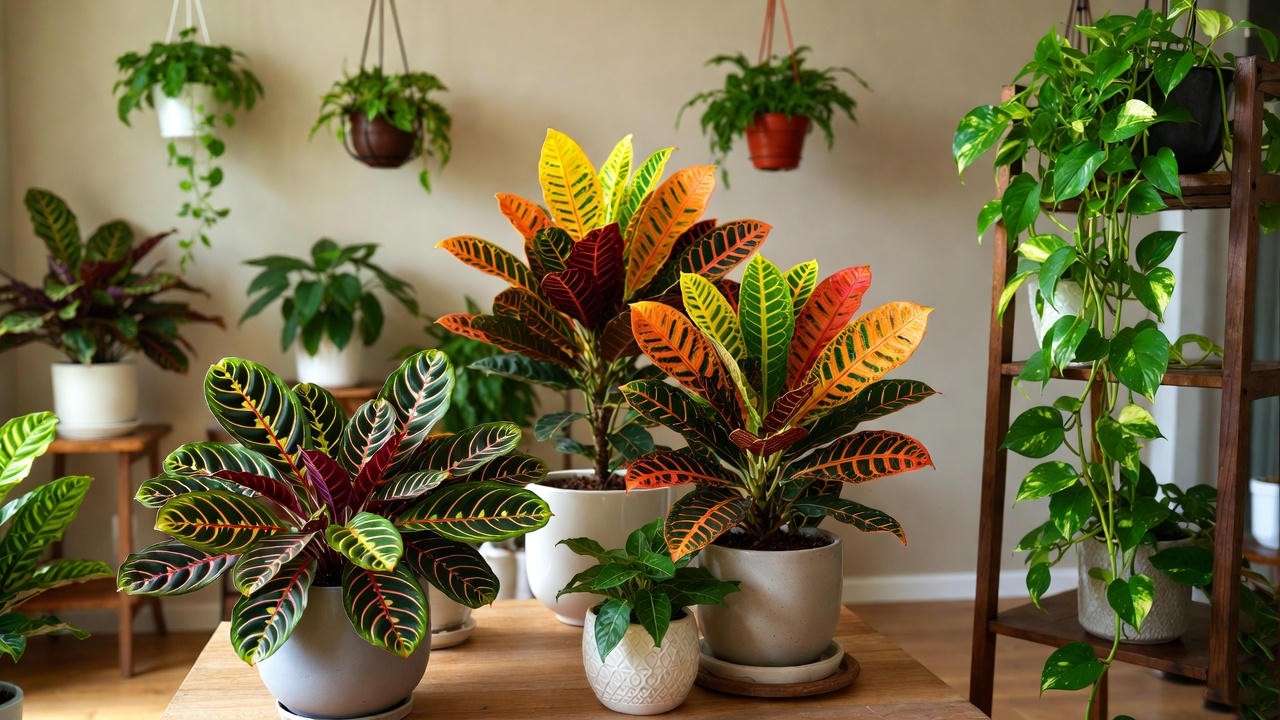Colorful houseplants like Calathea, Croton, and Pothos arranged on a table, showcasing vibrant leaf patterns in a bright indoor setting. 