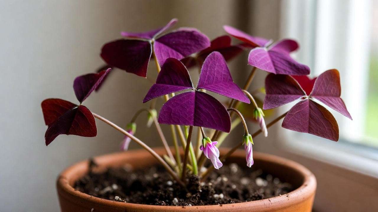 A thriving Purple Butterfly Plant (Oxalis triangularis) with deep purple leaves and delicate pink flowers in a terracotta pot by a window, receiving bright indirect light.