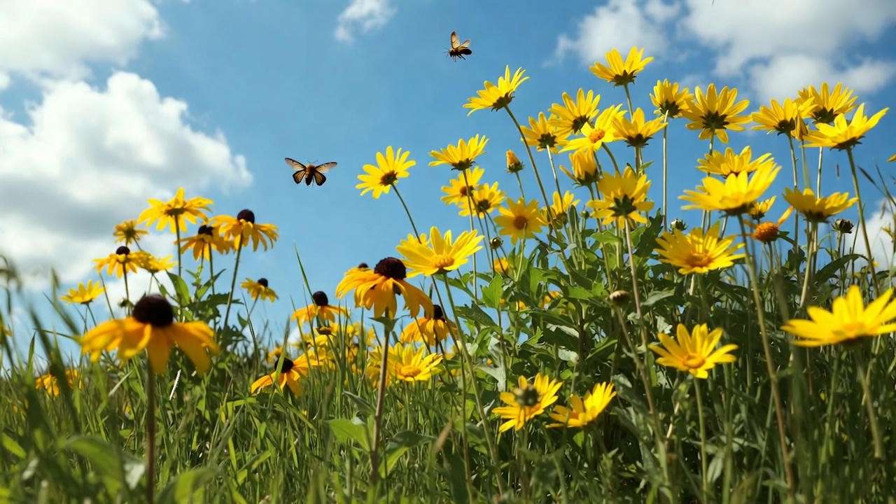 Cluster of yellow daisy plants blooming in a sunny garden with bees and butterflies.