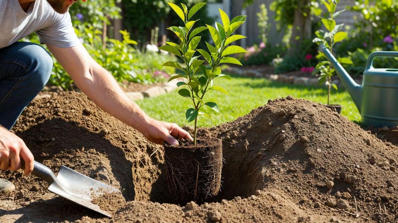 Gardener planting a young ruby red grapefruit tree in a sunny backyard with prepared soil and tools, illustrating proper planting techniques.
