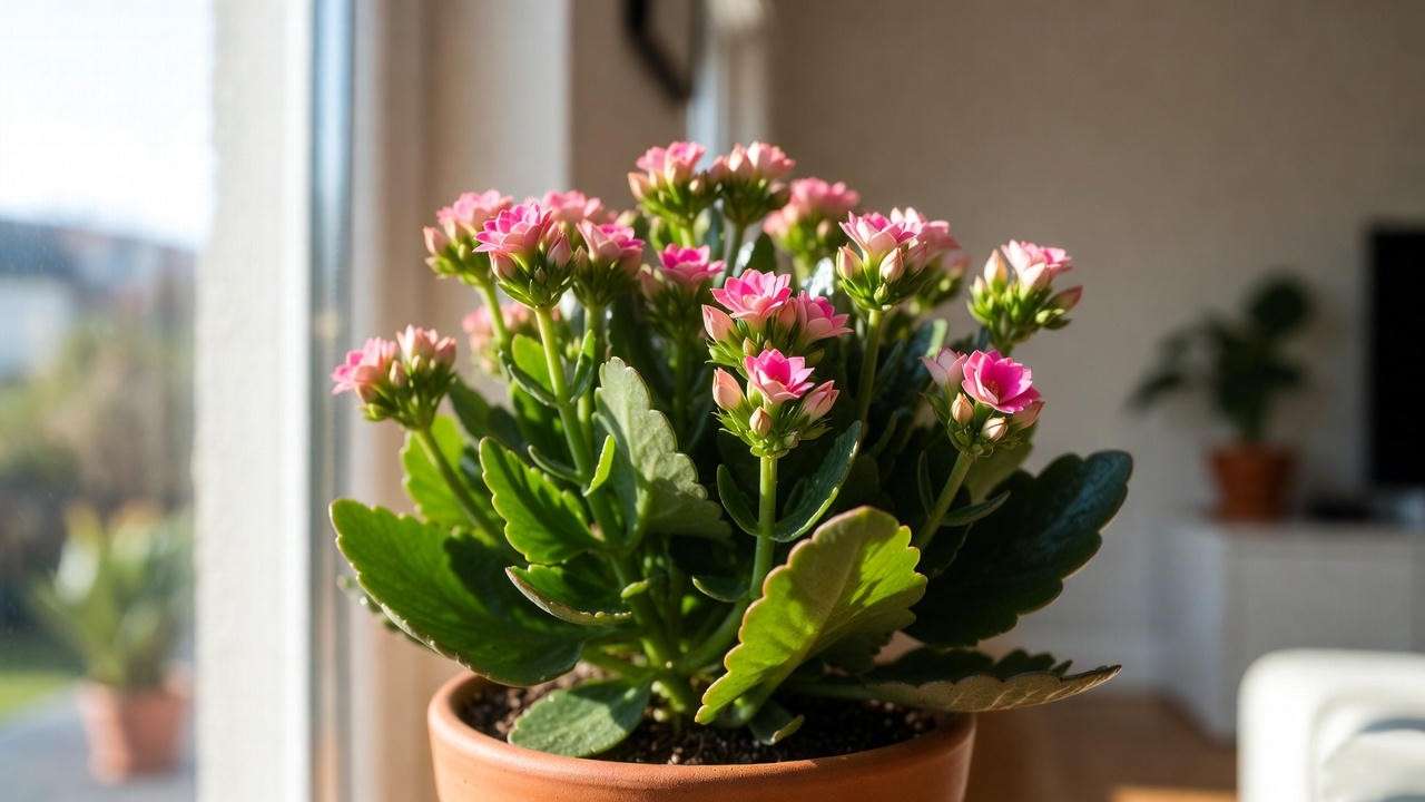Pink kalanchoe plant in a ceramic pot near a window, bathed in bright, indirect sunlight for optimal growth.