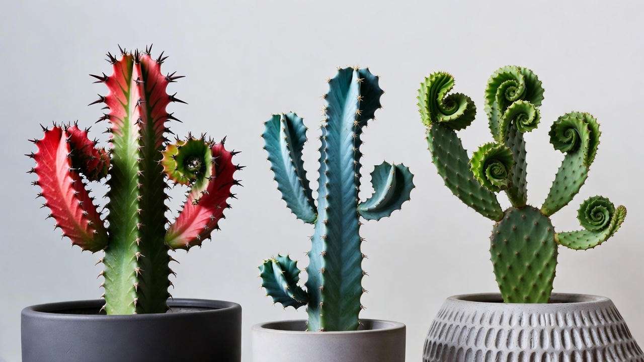 Close-up of Euphorbia trigona, Cereus peruvianus ‘Spiralis’, and Opuntia hybrid spiral cactus plants in pots, showcasing unique spiral shapes for plant care guide.
