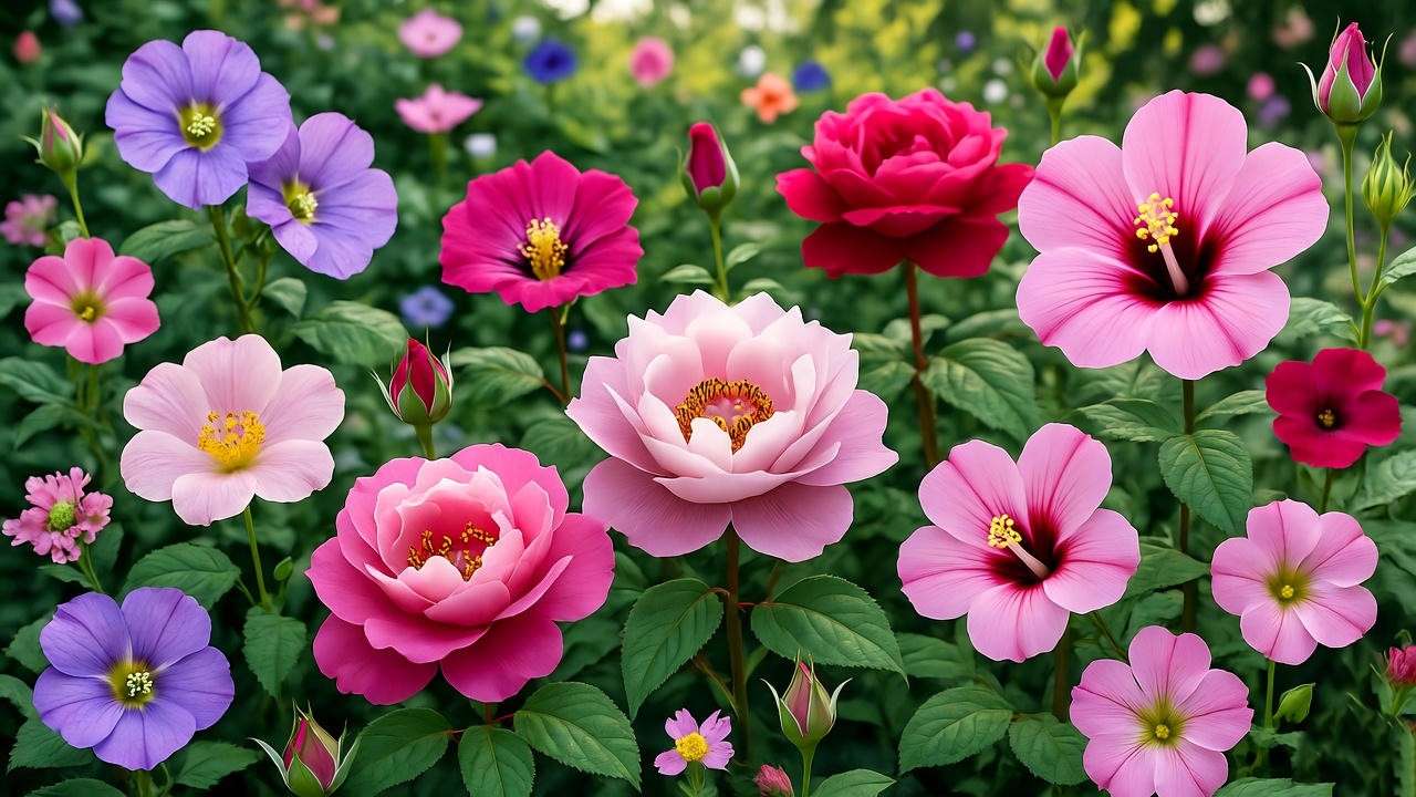 Vibrant pink flower plants including roses, peonies, and hibiscus in a sunny garden, showcasing diverse pink blooms.