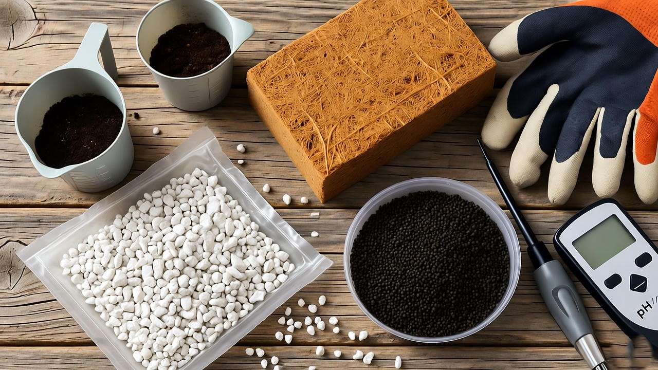 Ingredients for DIY lemongrass seed starting mix with coco coir, perlite, and worm castings