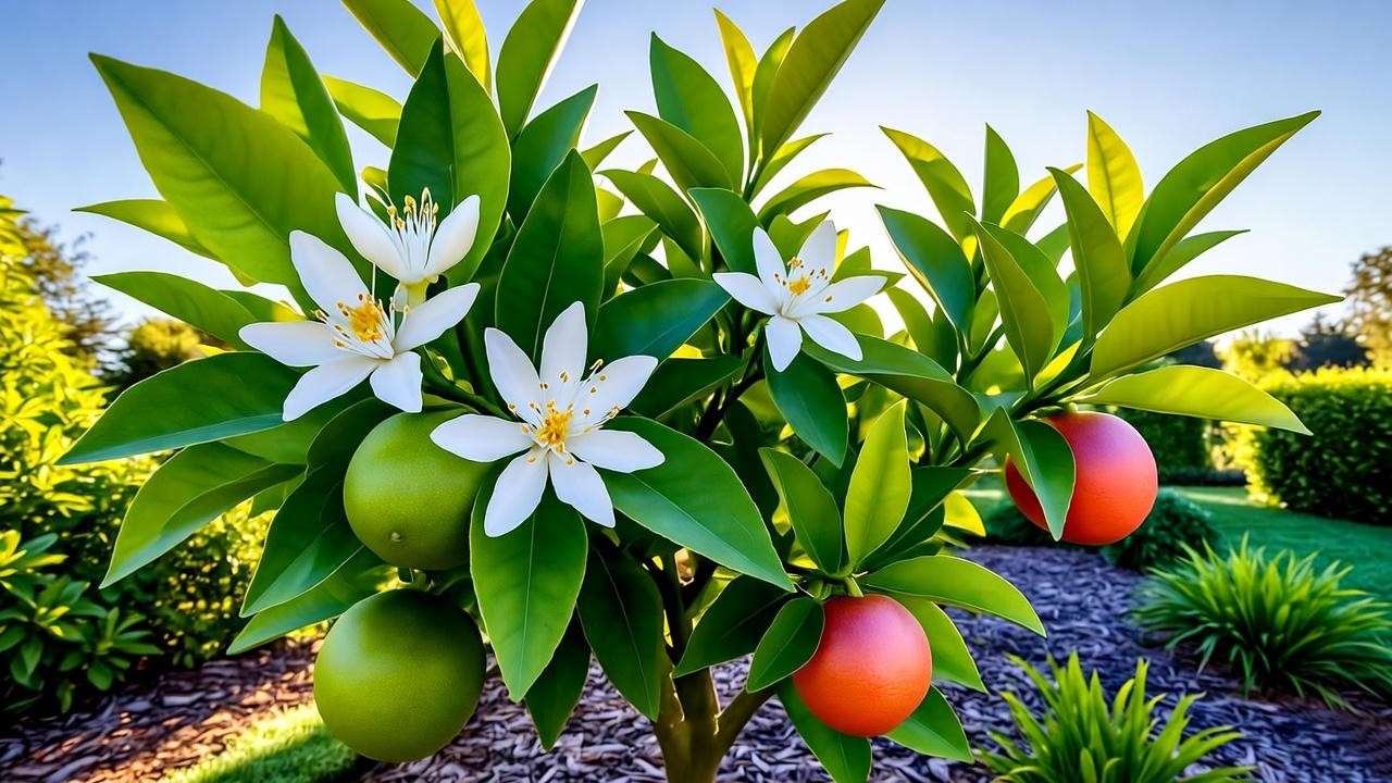 Vibrant Cara orange tree with white blossoms and pink-fleshed fruit in a sunny garden, showcasing lush foliage and citrus beauty.